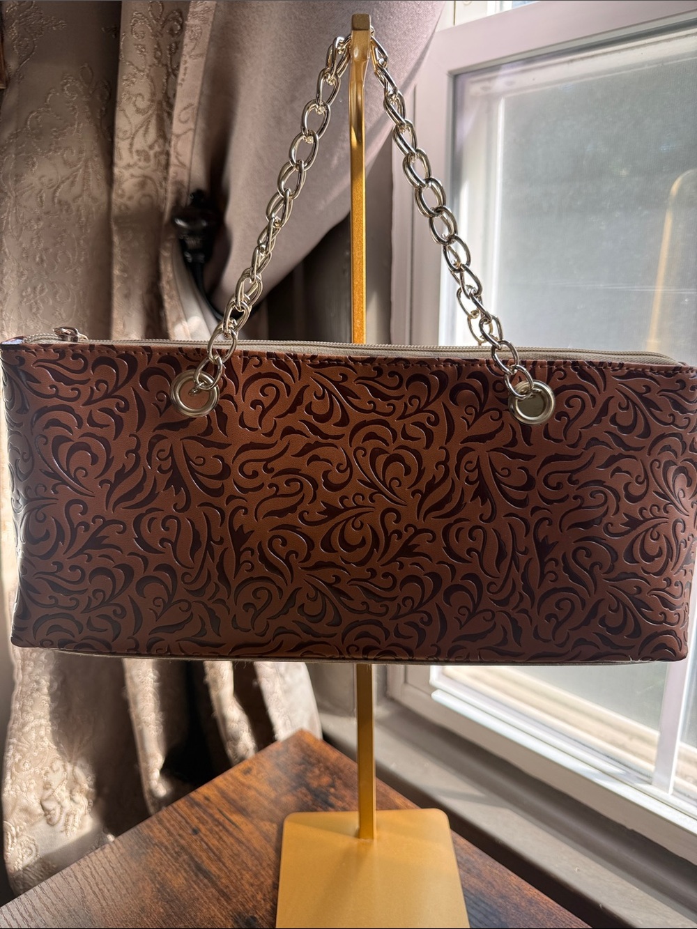 Brown Embossed Chain-Handle Clutch